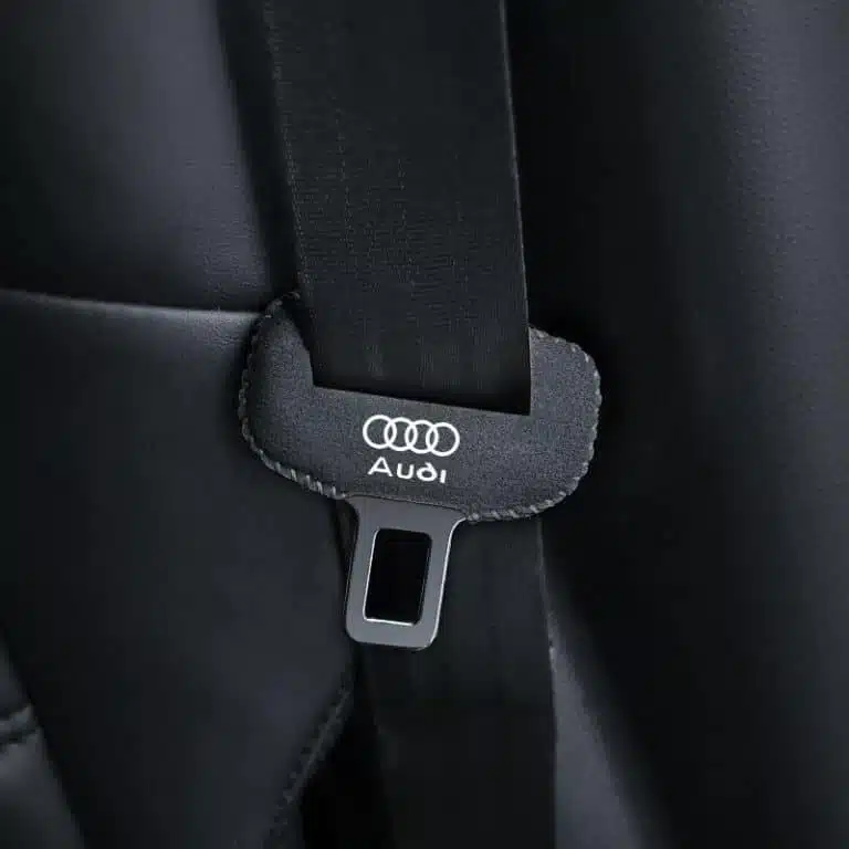 Audi Seat Belt Buckle Cover — Set of 2 2 Audi suede seat belt buckle cover hand stitched detail close up