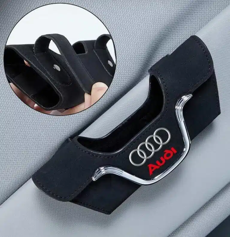 Audi Sunglass Holder - Magnetic Visor Clip with Audi Logo 2 Audi visor sunglass holder closed showing Audi logo embossed