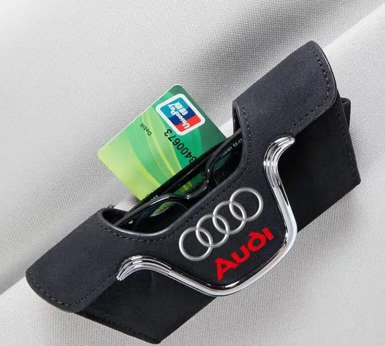 Audi Sunglass Holder - Magnetic Visor Clip with Audi Logo 3 Audi sunglass holder holding sunglasses and cards on visor