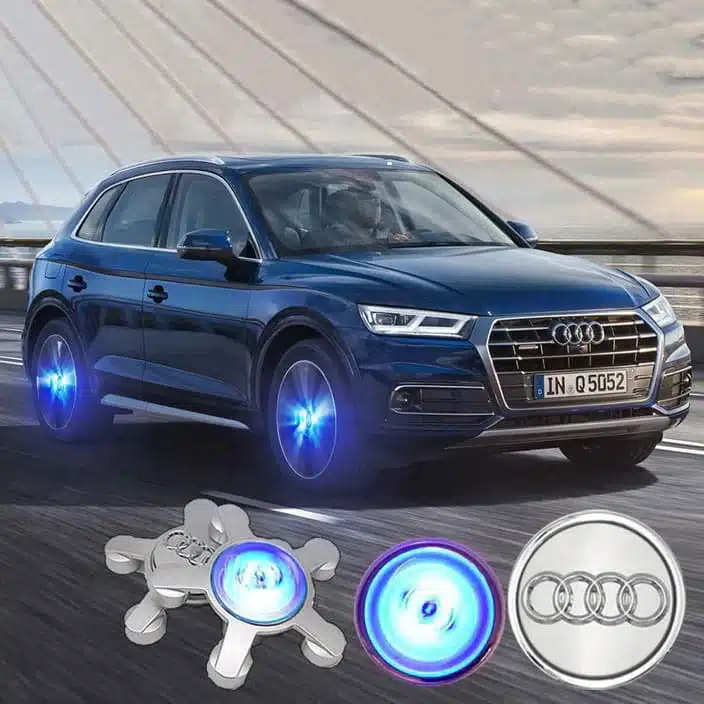LED Floating Center Caps for Audi A4 A5 A6 A7 A8 Q3 Q5 Q7 Q8 TT 1 Audi floating center caps LED white four ring logo upright on alloy wheel